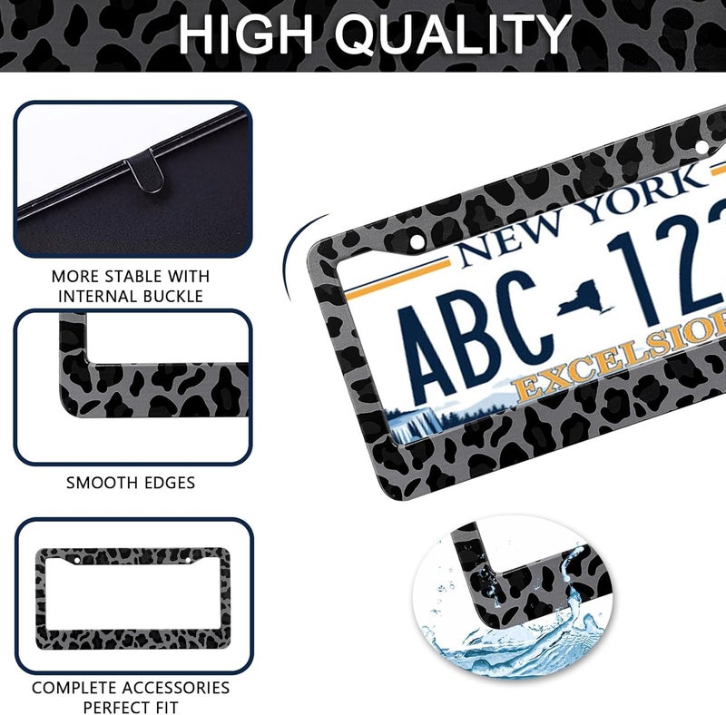 LIN KANG Black Leopard Print License Plate Frame - 2 Pack Animal Leopard Cheetah Print Tags Frames Holder, Car Decorative Tag Frames with Screws Fasteners Caps - Image 4